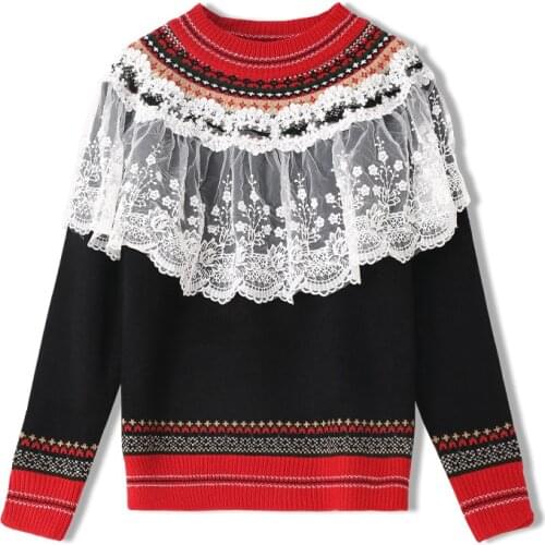 Good Quality White Lace Embroidery Sweater 2020 Winter Fashion Color Block Long Sleeve Loose Knitted Mesh Patchwork Pullovers