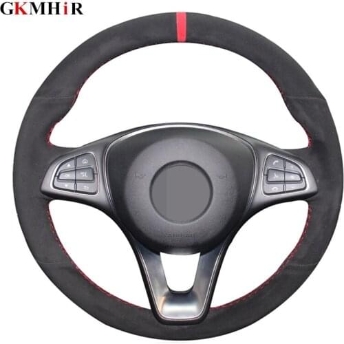 Black Suede Red Marker DIY Hand-stitched Car Steering Wheel Cover for Mercedes Benz C300 C260 C200 C180 B200