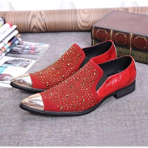 Christia Bella Fashion Large Size Golden Water Drill Man Pointed Toe Red Genuine Leather Shoes Party Dress Male Slip on Shoes