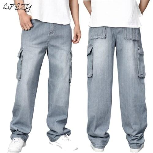 Jeans Men Spring and Autumn Large size Wide-leg jeans Mens Loose large Pockets Overalls Hip-Hop straight-leg Denim trousers