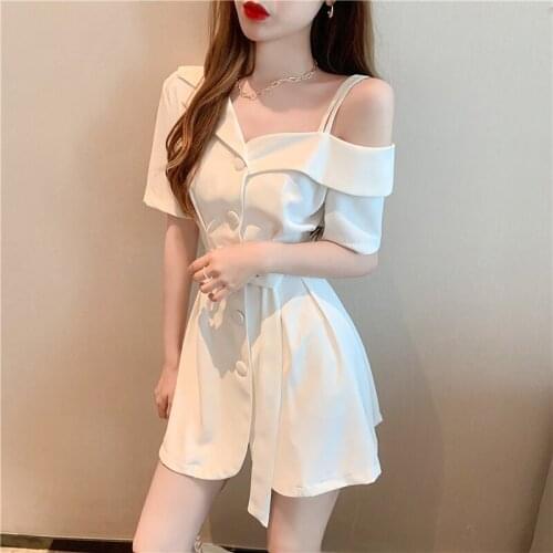 One Off Shoulder Irregular Strap Short Sleeve High Waist Belt Sashes Elegant Mini A Line Button Dress Women Blusas Summer Korean