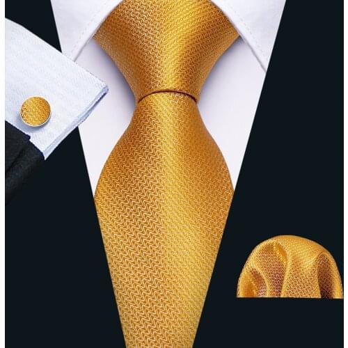 Fashion Gold Solid Men Tie Set 8.5cm Silk Jacquard Woven Neckties Wedding Business Handkerchief Cufflink Tie Barry.Wang FA-5306