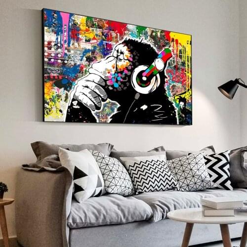 Graffiti Monkey Headphone Colorful Painting Street Art Canvas Wall Art Graffiti Art Posters Graffiti for Living Room Home Decor