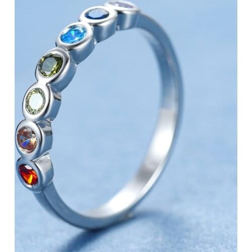 Rainbow Gradient Zircon Small Stone Thin Rings For Women Wedding Jewelry Vintage Fashion Silver Color Ring Multicolor Crystal