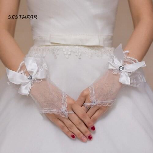 No Finger Wedding Bridal Short Gloves Women White See Through Ribbon Bowknot Decor Wrist Length Costume Prom Party ST04