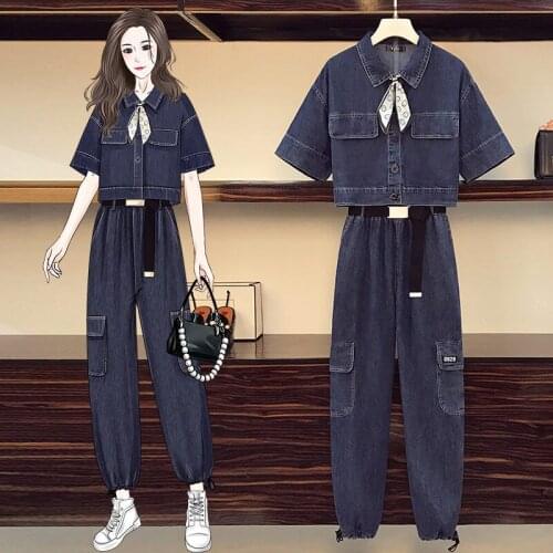 Plus Size Denim Jacket and Pants Set For Ladies 2021 Summer New Fashion Slim Bow Cowboy Coat + Trousers Two Piece Suit zh297