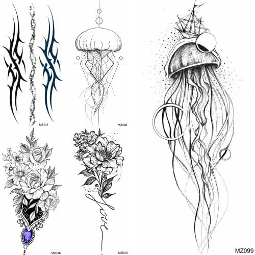 Creative Jellyfish Temporary Tattoos Sticker DIY Fake Black Jewelry Flower Tatoos For Women Men Body Art Arm Legs Tatoos Sticker