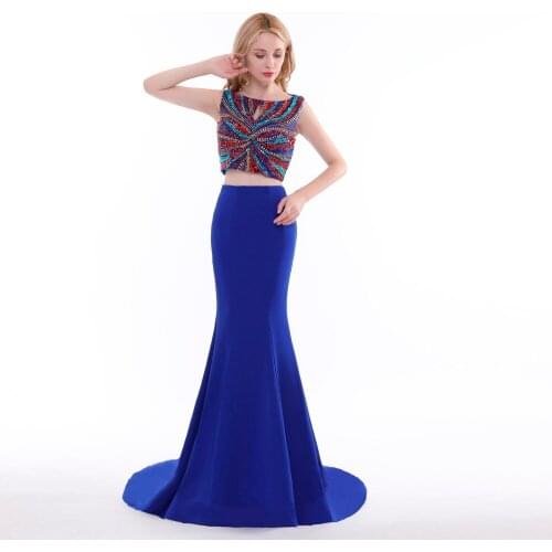 Lemon joyce Two Piece Set Elegant Mermaid Dress Evening Dress Long Crop Top With Beaded 2020 New Arrival Formal Party Dress Gown