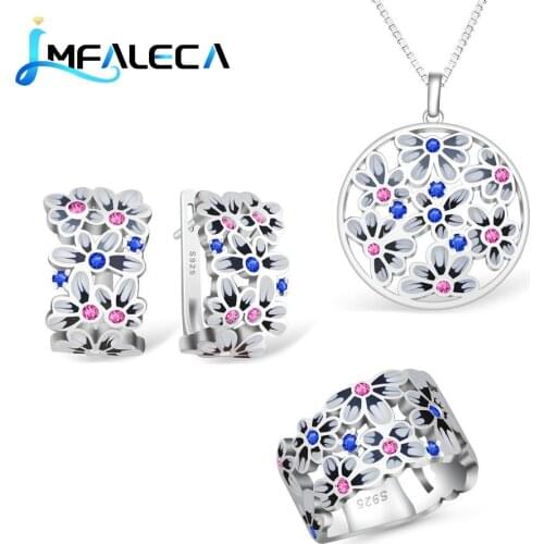 LMFALECA Flower Enamel 925 Sterling Jewelry Sets Blue Sapphire Ruby Chorm Clip Earrings Ring Necklace Fine Birthstone Jewelry