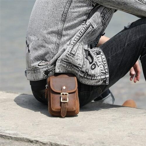 Retro fashion high quality crazy horse leather mens small pockets casual outdoor sports running real cowhide mobile phone bag