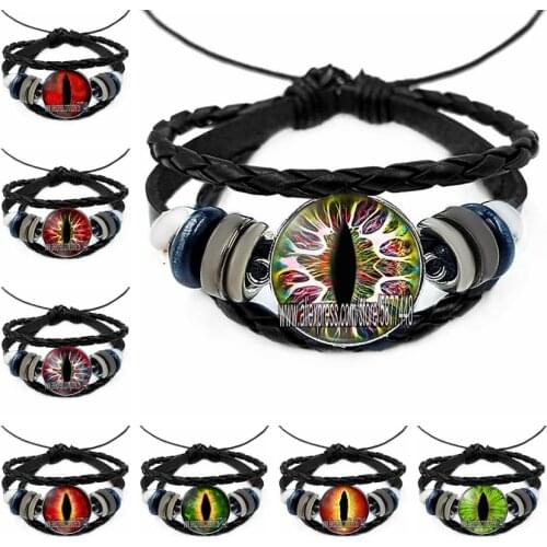 Wolf Eyes Men Glass Cabochon Bracelet Dragon Eyes Bangle Eyes of Animal Multi-layer Leather Bracelet for Boy