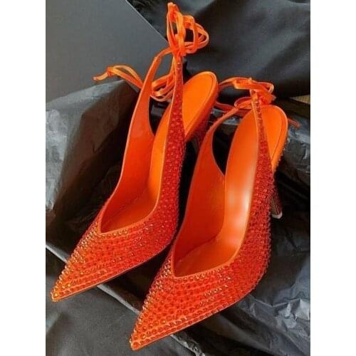 Newest Orange Crystal Slingback Shoes Ribbon Lace-up Pointed Toe Banquet Dress Shoes V Cut High Heels Pumps Size 45