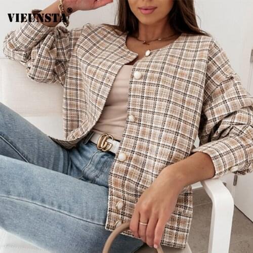 2021 Spring Plaid Print Coat Blazer Women Casual O Neck Single Breasted Button Tops Cardigan Female Long Sleeve Jacket Outwear