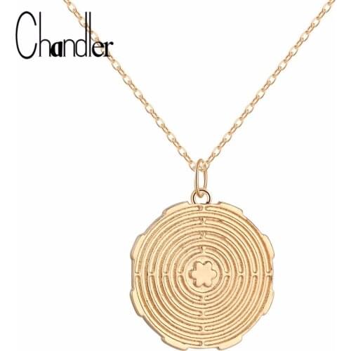 Chandler 1PCS Gold Silver Color Plated Mandala Pendant Necklace Labyrinth Coin Sacred Spiritual Jorney Charm Metal Chain Collars