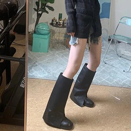 Retro Women Knee High Boots Knight Boots Black Round Toe Fashion Ladies Winter Botas Solid Color Flats Heeled High Quality 35-39