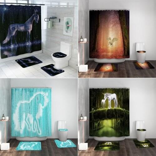 Unicorn Horse Fabric Shower Curtains Bathroom Curtain Non-Slip Rugs Toilet Lid Cover and Bath Mat Carpet Home Decor with Hooks