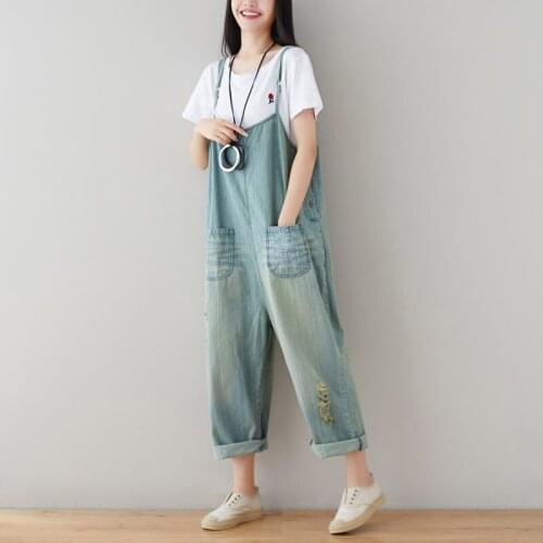 Thin Denim Overalls Wide Leg Bib Suspender Trousers Women hip hop Hole Jean Jumpsuit Washed streetwear Baggy Cowboy Rompers