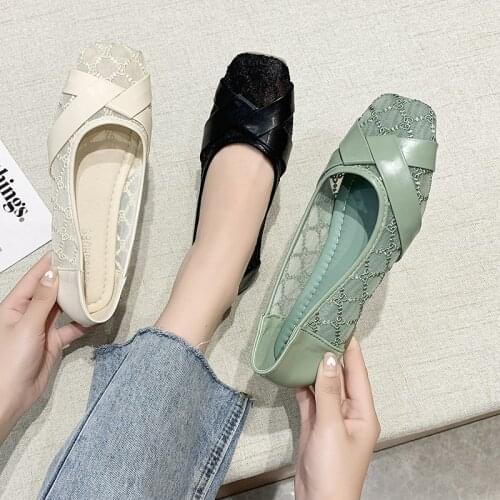Womens shoes fashion flat shoes womens gauze breathable single shoes shallow mouth square head comfortable soft soled shoes