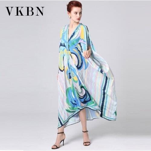 VKBN Summer Dress Women 2021 New Casual Bat Sleeved Loose Printing V-neck Big Elegant Maxi Dress Vestidos De Fiesta