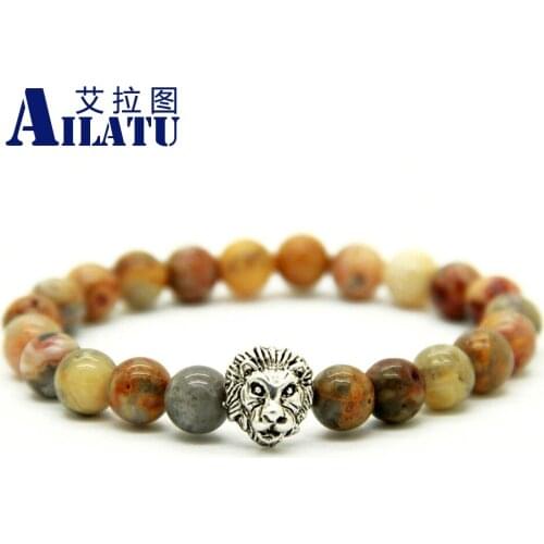 Ailatu High-end Men Silver Color Lion Head Bracelet Made with 8mm Natural Stone Beads Jewelry Holiday Gift