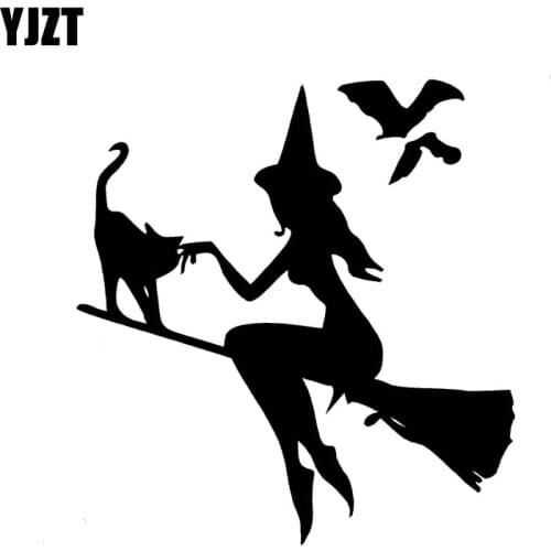 YJZT 13.9CM*14.9CM Witch On Broomstick With Cat & Bats Car Sticker Vinyl Decal Black Silver C10-02420