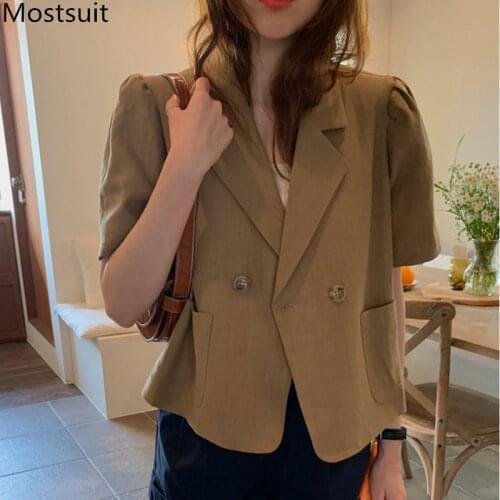 Korean Vintage Women Blazer Summer Short Sleeve Notched Collar Pockets Workwear Fashion Female Suit Tops 2021