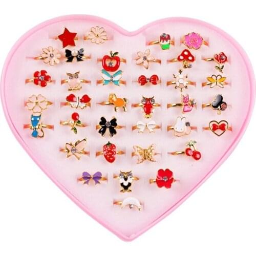 36PCS/Box Kids Girls Cute Sweet Rings Metal Flower Bowknots Ring Sets Fashion Adjustable Crystal Girls Child Gifts Finger Rings