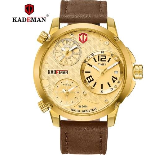 6100 KADEMAN Men Fashion Casual Watches Big Dial Top Luxury Brand Quartz Leather Waterproof Wrist Watch Relogio 3 Time Zones