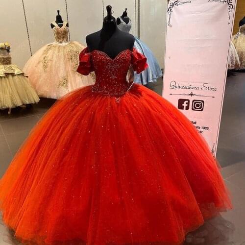 Ball Gown Red Quinceanera Dresses Sweetheart Off Shoulder Sweet 16 Dress Sequined Masquerade Party Gowns