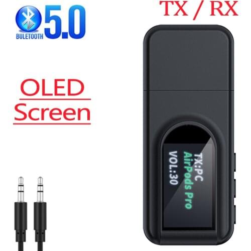 Bluetooth Receiver Transmitter BT 5.0 OLED Display 3.5mm 3.5 AUX Jack USB Wireless Audio Adapter Dongle for PC TV Car Headphones