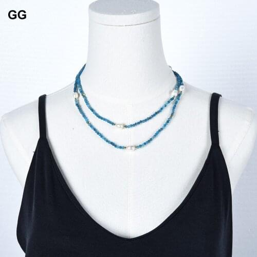 GG Jewelry Natural Faceted Blue Kyanites Cultured White Rice Pearl Chokers Necklace 17.5" For Women