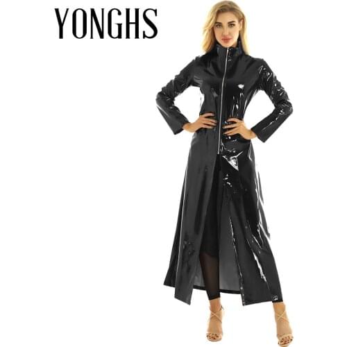 Unisex Mens Womens Leather Wetlook Coat Rave Bar Costume for Pole Dancing Lingerie Long Sleeve Coat Stage Peroformce Clubwear