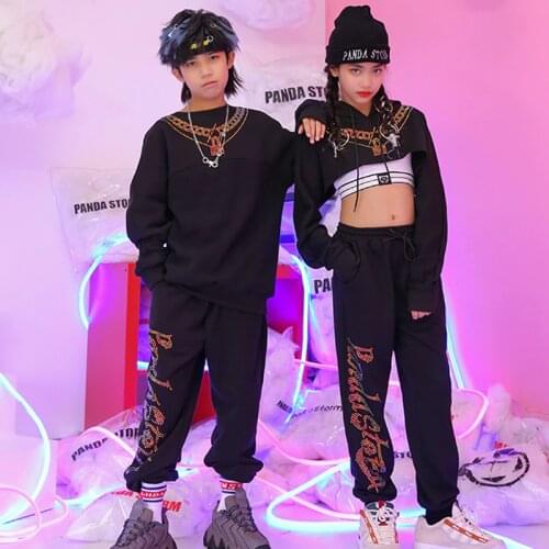 Cool Boys Hip Hop Clothing Diamond Black Sweatshirt Pants Hooded Girls Jazz Dance Practice Performance Outfit Stage Wear BL5019