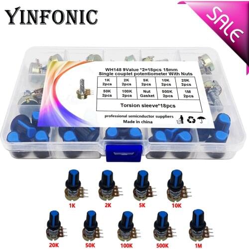 9values x2pcs single couplet Linear Potentiometer 15mm Shaft With Nuts 3pin WH148 B1K B2K B5K B10K B20K B50K B100K B500K B1M box