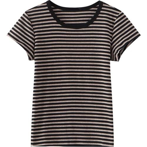 PUWD Cute Girls Soft Cotton Brown Stripe Slim T-Shirt 2021 Summer Fashion Ladies Thin Short Sleeve Tops Vintage Women Chic Tees