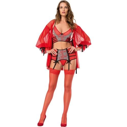 NUNELL Women Red Pcs Set Sabahlıklı Garters Fancy Suit
