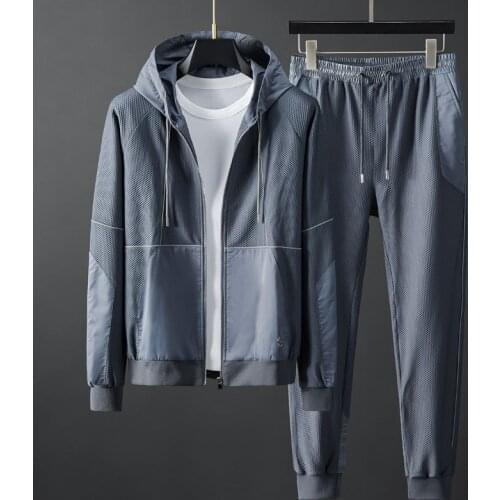 2021 spring and autumn new sports and leisure suit mens honeycomb mesh stretch slim hood fashion two-piece suit