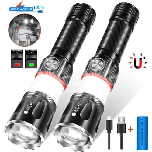 USB Rechargeble High-end LED Flashlight Surrounding COB lamp + Tail magnet design Support zoom T6 L2 4 modes Zoom Torch Camp