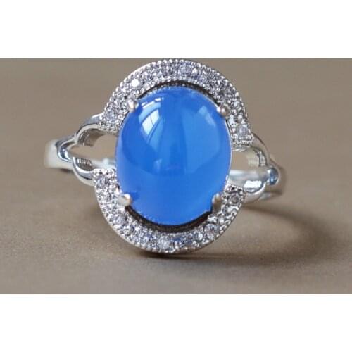 Drop Shipping Womens blue Chalcedony Ring Natural Green Agate Egg Sliver S925 Jade Ring Gift for Females Fine Jewelry