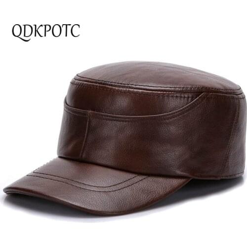 QDKPOTC High Quality Men Genuine Leather Hat Cowhide Military Hats Autumn Winter Keep Warm Flat Cap Leisure Fashion Dad Caps