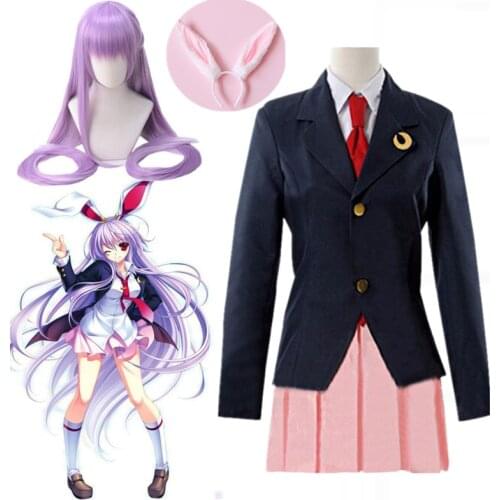 Reneecho Touhou Project Costume Adult Reisen Udongein Inaba Cosplay Girls Women School Uniform Dress Cosplay wigs headwear