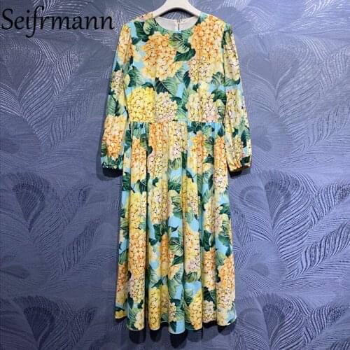 Seifrmann New 2021 Summer Women Fashion Runway Cotton Dress Lantern Sleeve High Waist Floral Print Patchwork Party Long Dresses