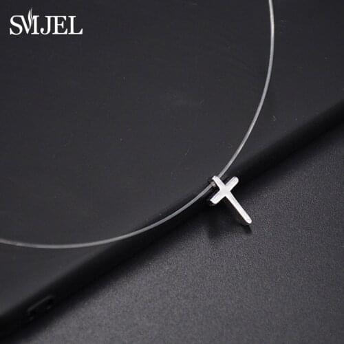 SMJEL Sliver Cross Necklaces for Women Choker Invisible Chain Bible Cross Necklace layer Female Clavicle Jewelry collier femme