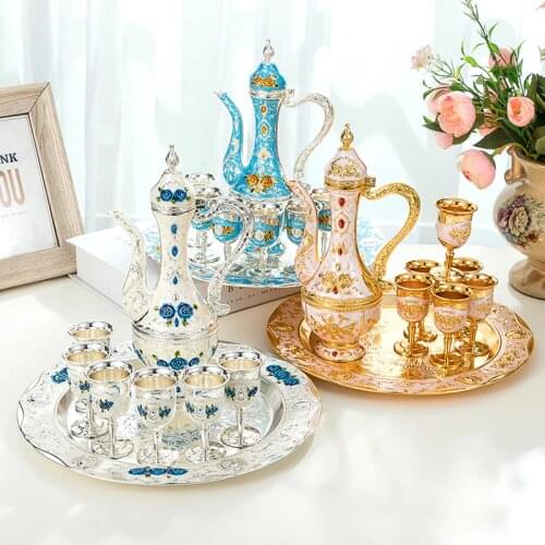 8 Pcs Retro Palace Wine Set Wedding Zinc Alloy Metal Gold/Silver And White Flagon Gift Set Home Decor Coffee Set Best Mens Gift