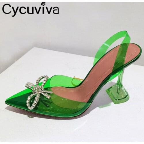 New PVC Strange Heels Sandals Women Crystal Bowknot High Heels Party Shoes Women Runway Summer Slingback Sandalias Mujer