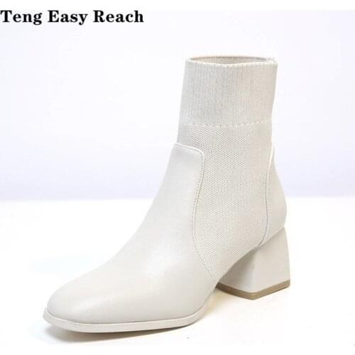 2021Thick heel with short boots single boot short tube tide 2020 autumn new soft low heel square head Knitted womens boots 39