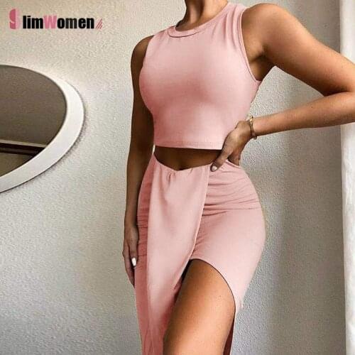 Sleeveless Crop Tank Tops + Split Midi Ruched Bodycon Skirt Sets Women Two Piece Skirts Sets Summer Chic Solid Color Green Suits