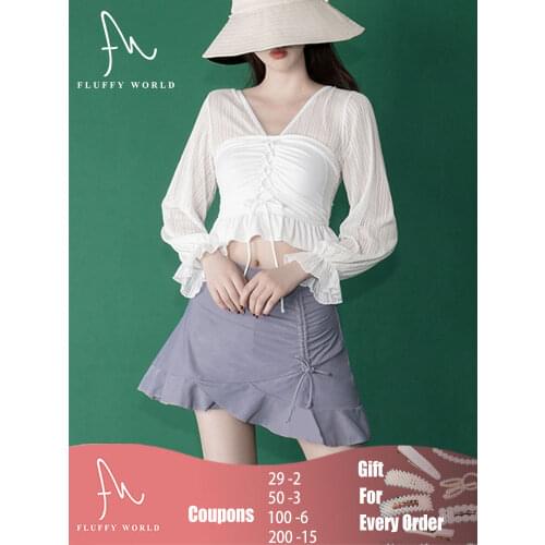 Swimsuit Womens Split Body Slim Cover Belly Small Chest Gather Girls Conservative 2 Piece Bikini Sets Sweet Style Korean Simple