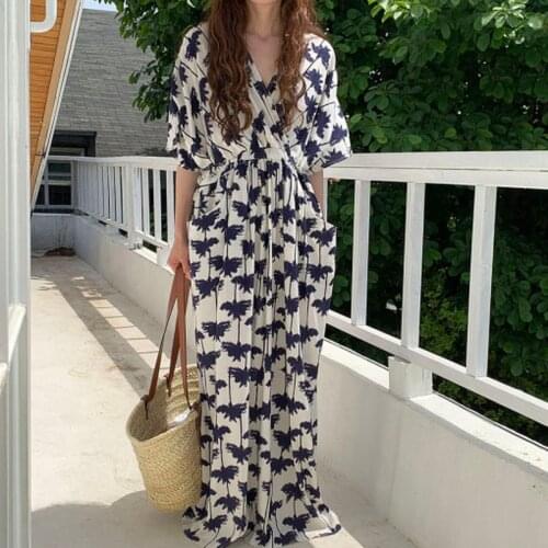 2021 Summer Dress Women Korean Chic New Vintage Print Long Dress Print Dresses V-neck Fashion Vestido Feminino with Pocket 15187