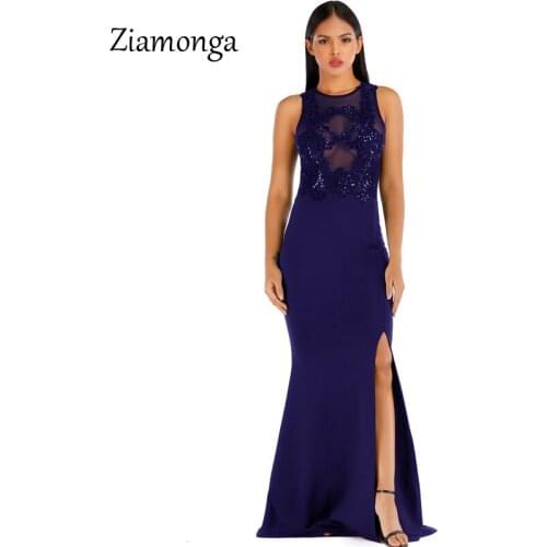 Ziamonga 2020 Women Sexy Sleeveless Split Sequined Maxi Dresses Female Backless Long Elegant Mesh Party Dress Gowns Vestidos
